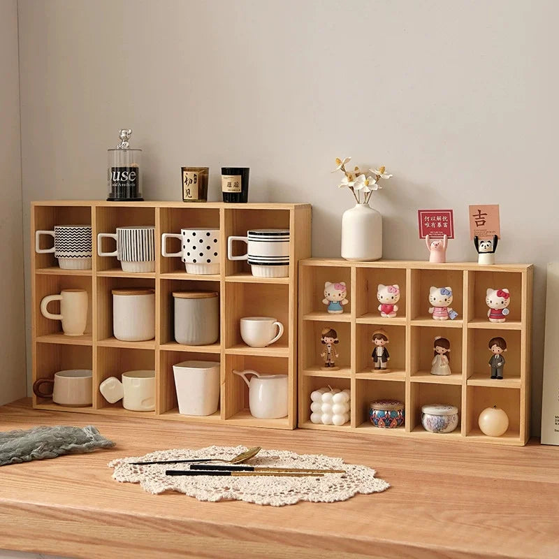 étagère modulaire bois naturel moderne 12 compartiments vases céramique bougies figurines boîte thé tasse