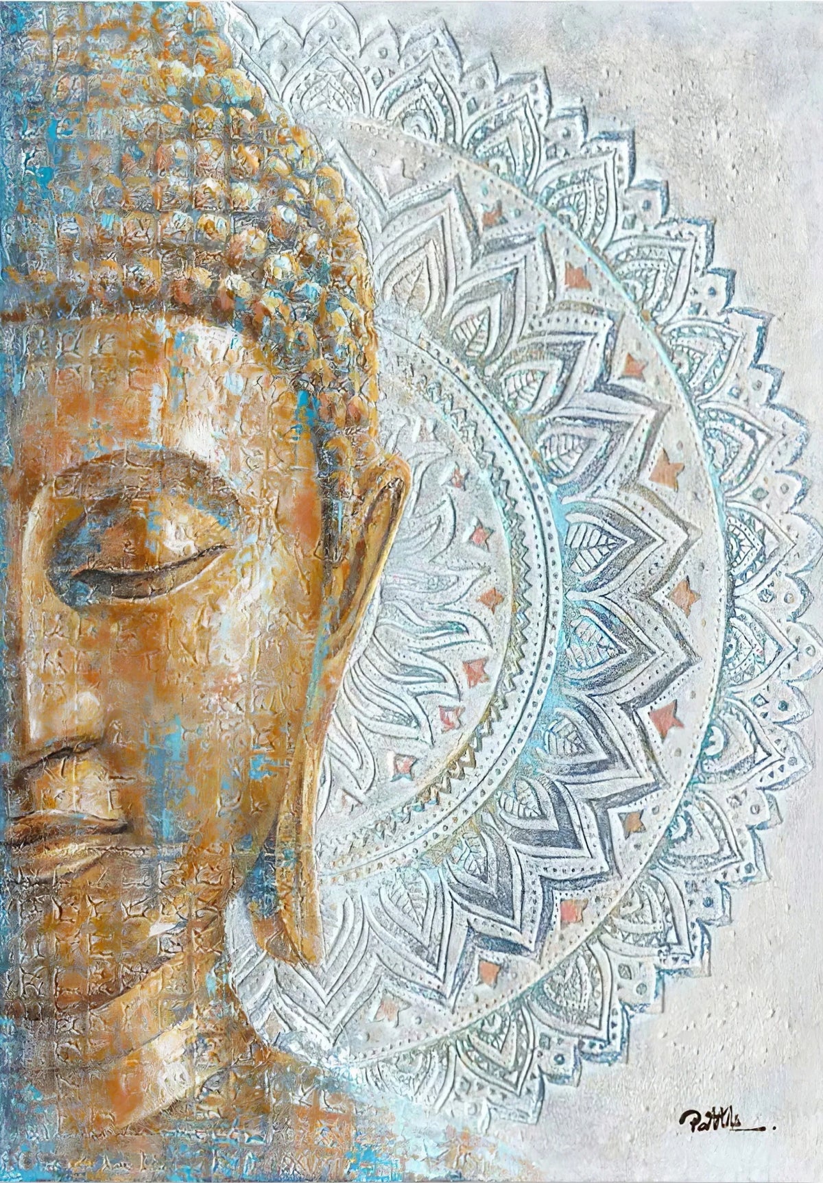 toile peinte portrait bouddha mandala or bleu gris contemporain chambre salon