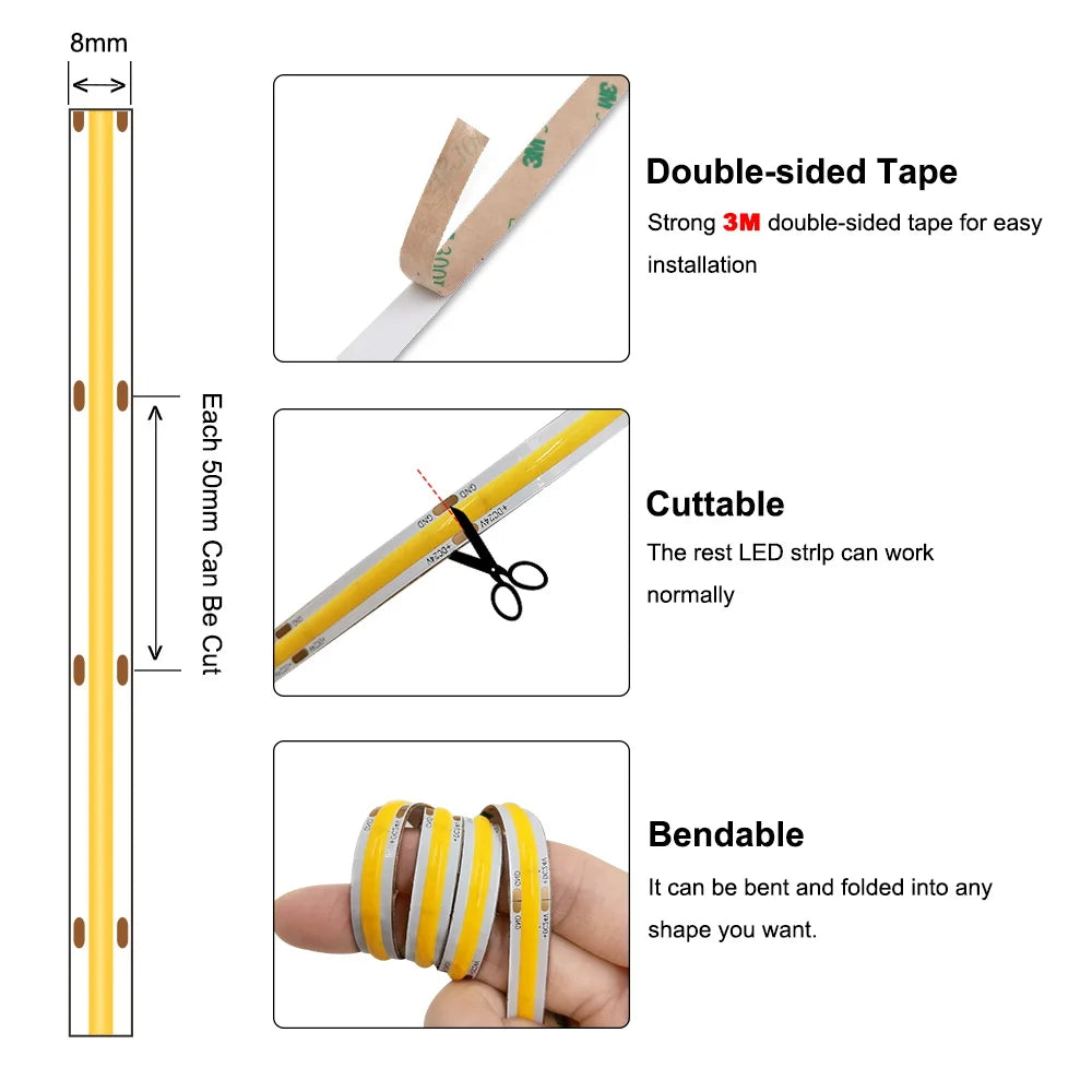 Bande LED COB en température de couleur 3000K éclairant un salon