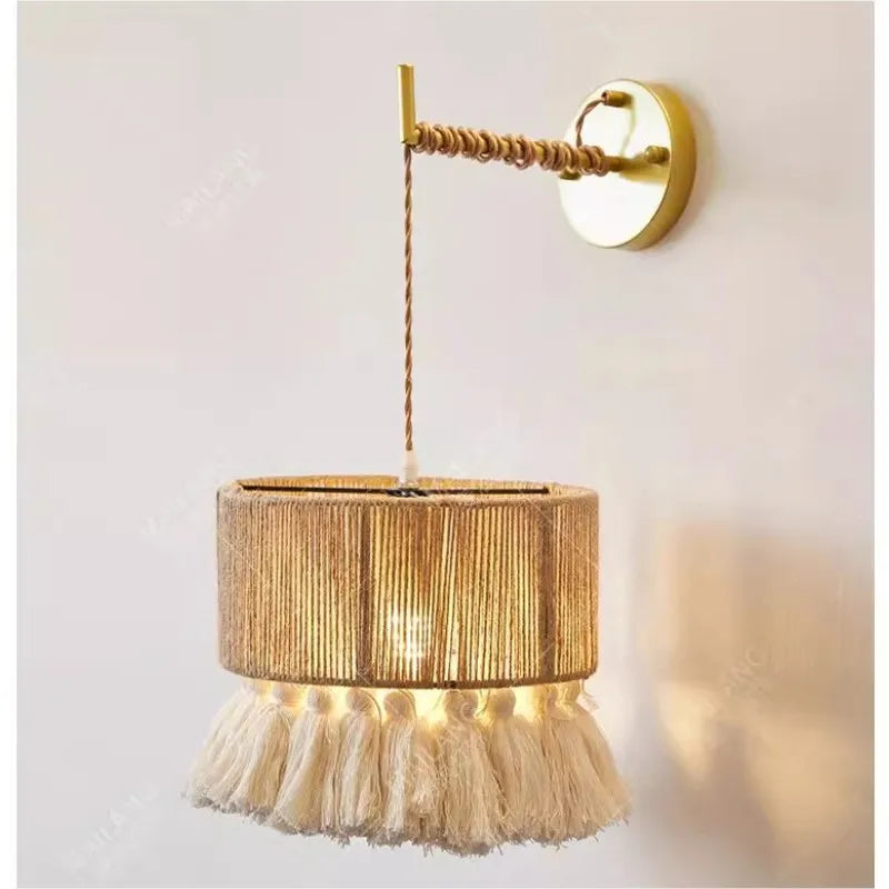lampe murale bohème tressée franges beige or chambre salle manger éclairage quotidien LED semi