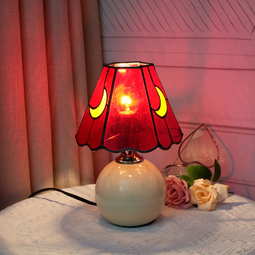 lampe table moderne céramique motif lunes jaunes opacité vitrail e26 blanc chambre salon
