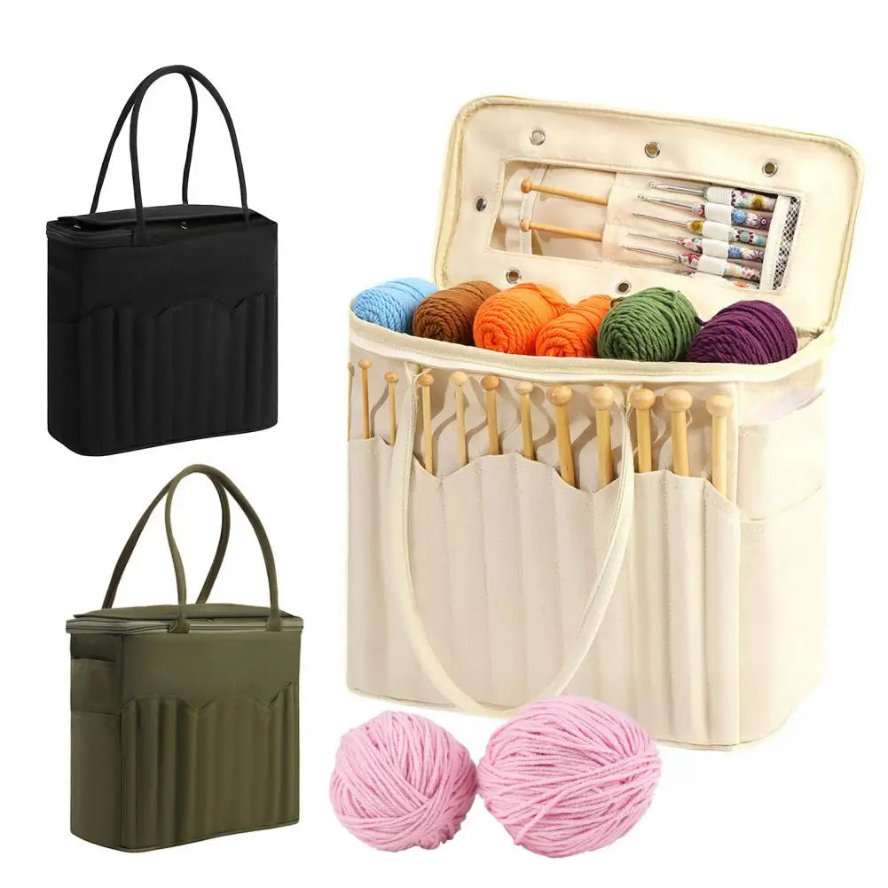 sac rangement tricot toile multiple poches organise fils pelotes aiguilles crochet accessoires couture pratique