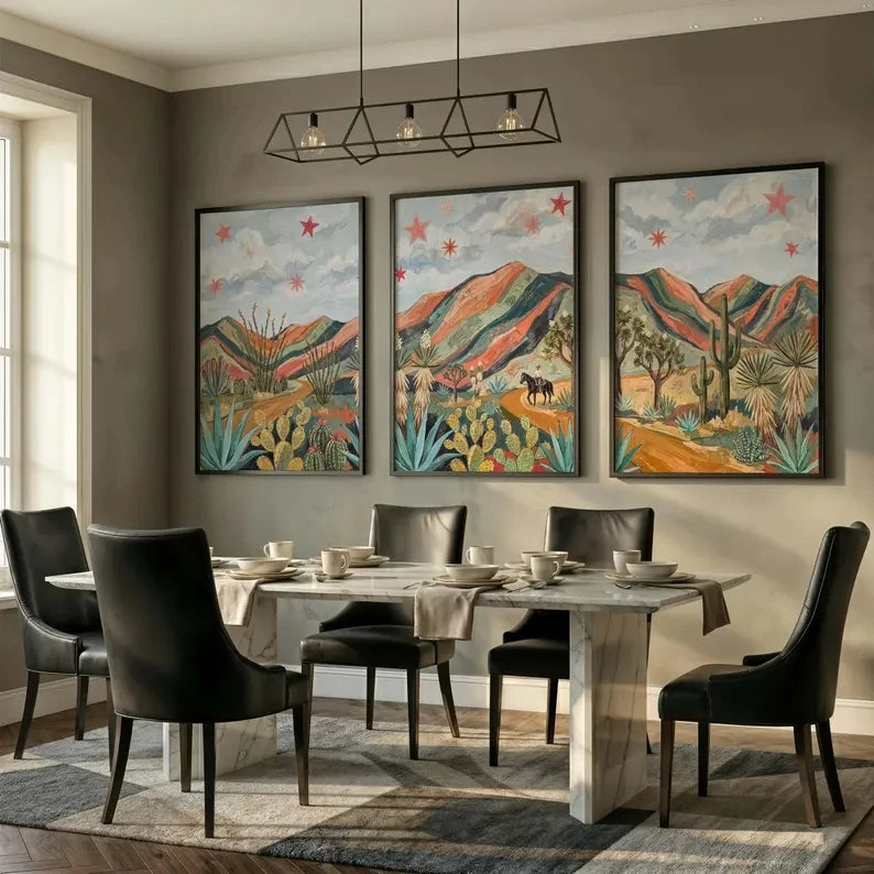 tableaux muraux modernes toile imprimée cactus paysage désertique multicolore cadre bois chambre salon decoration