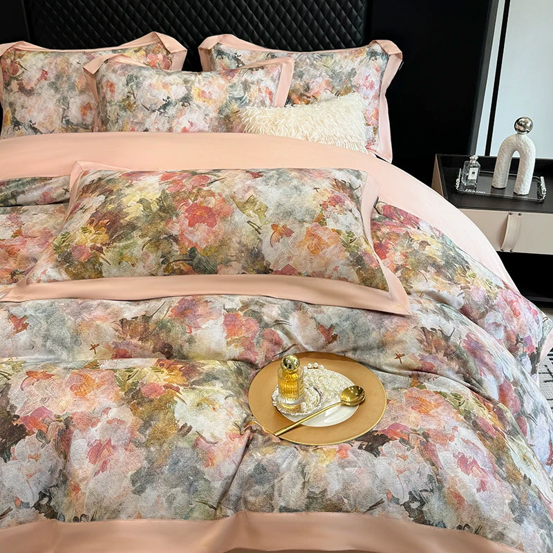 ensemble literie floral moderne 100 coton égyptien rose clair beige gris vert full king