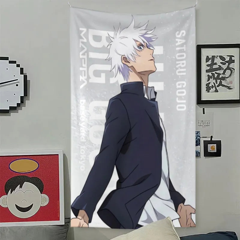 tapisserie murale anime gojo satoru décoration chambre salon tissu polyester blanc gris noir
