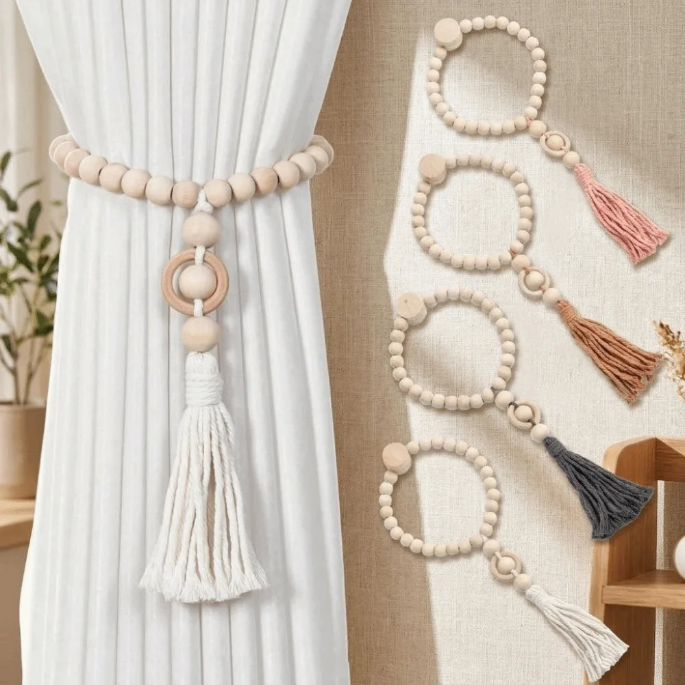 boucles rideau bois pompons boho chic beige rose gris blanc