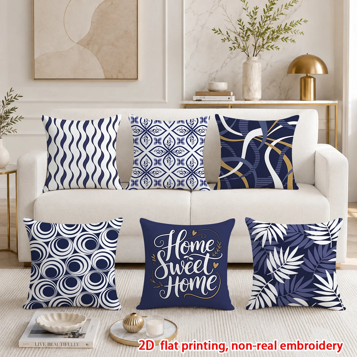 housse coussin bleu marine motif géométrique feuilles palmier sweet moderne minimaliste polyester