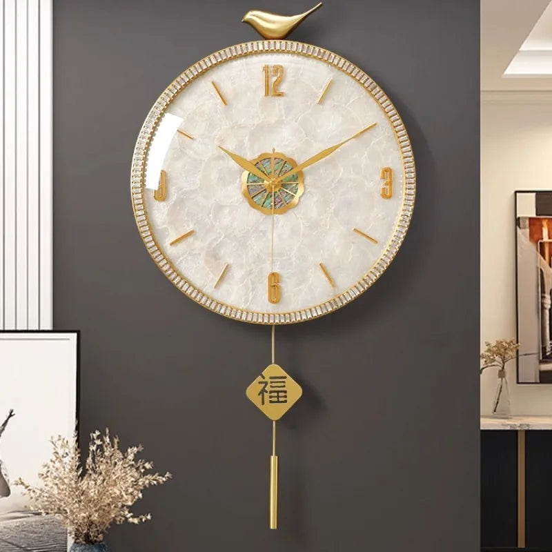 horloge murale moderne or blanc motif marbré cristaux oiseau chinois