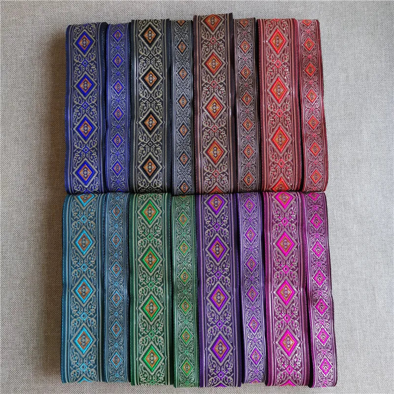ruban décoratif polyester largeur 2cm bleu vert violet gris marron rose motif géométrique floral
