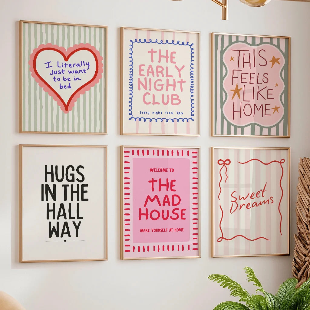affiches modernes rayures vertes roses textes inspirants cadres bois minimalistes