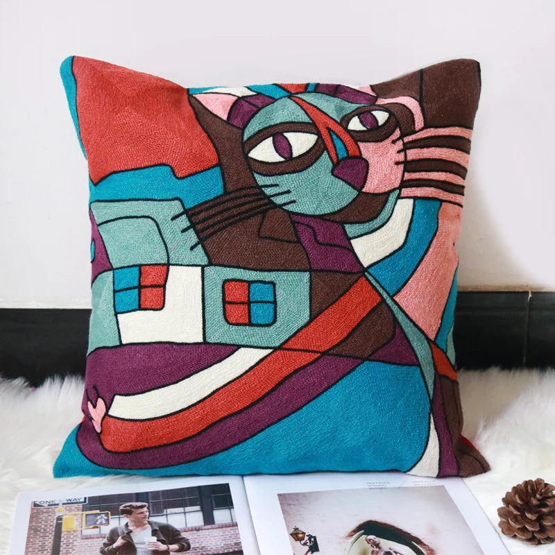 taies d'oreiller multicolores brodées motif abstrait moderne coussin décoratif carré linge coton 45x45cm