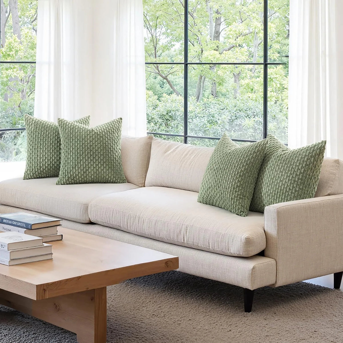housse coussin carrée velours côtelé vert olive texture tissée garnissage blanc