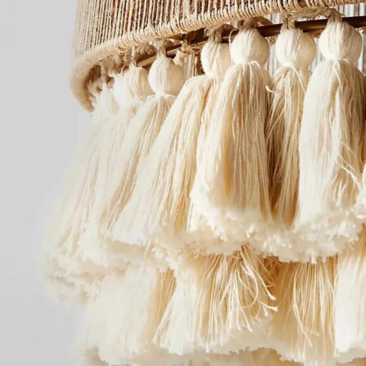 lampe suspendue tissu tressé boho chic beige doré franges blanches 40cm 50cm 60cm