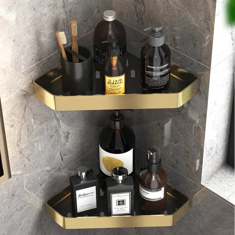 ensemble rangement salle bain noir doré moderne porte serviettes brosses savonnette clips élégant