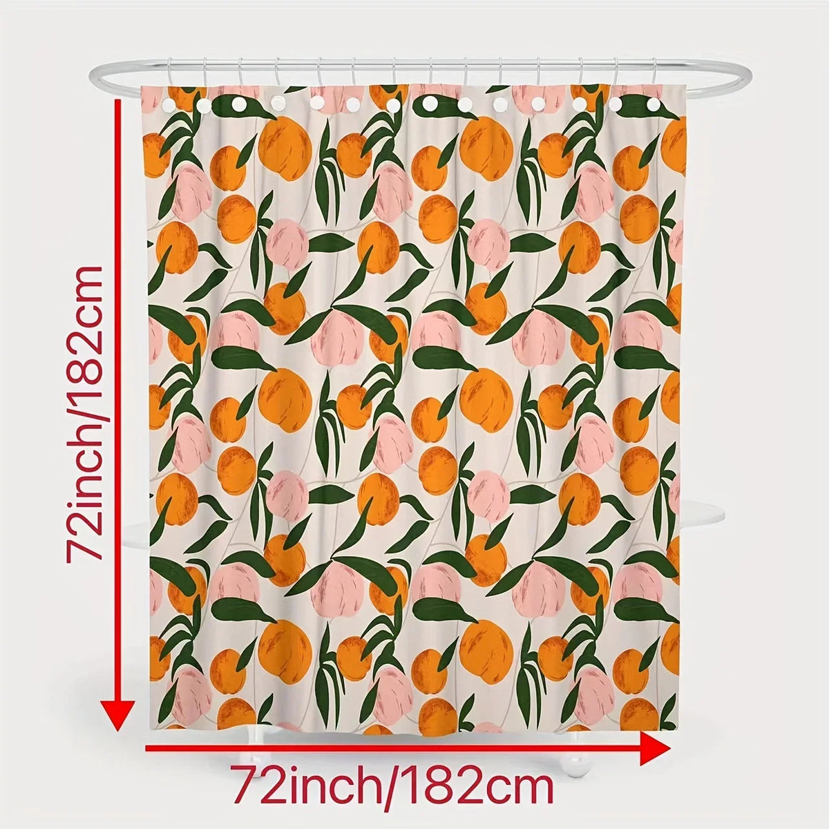 rideau douche moderne fruit pêches feuilles blanc orange rose vert anneaux opaques polyester