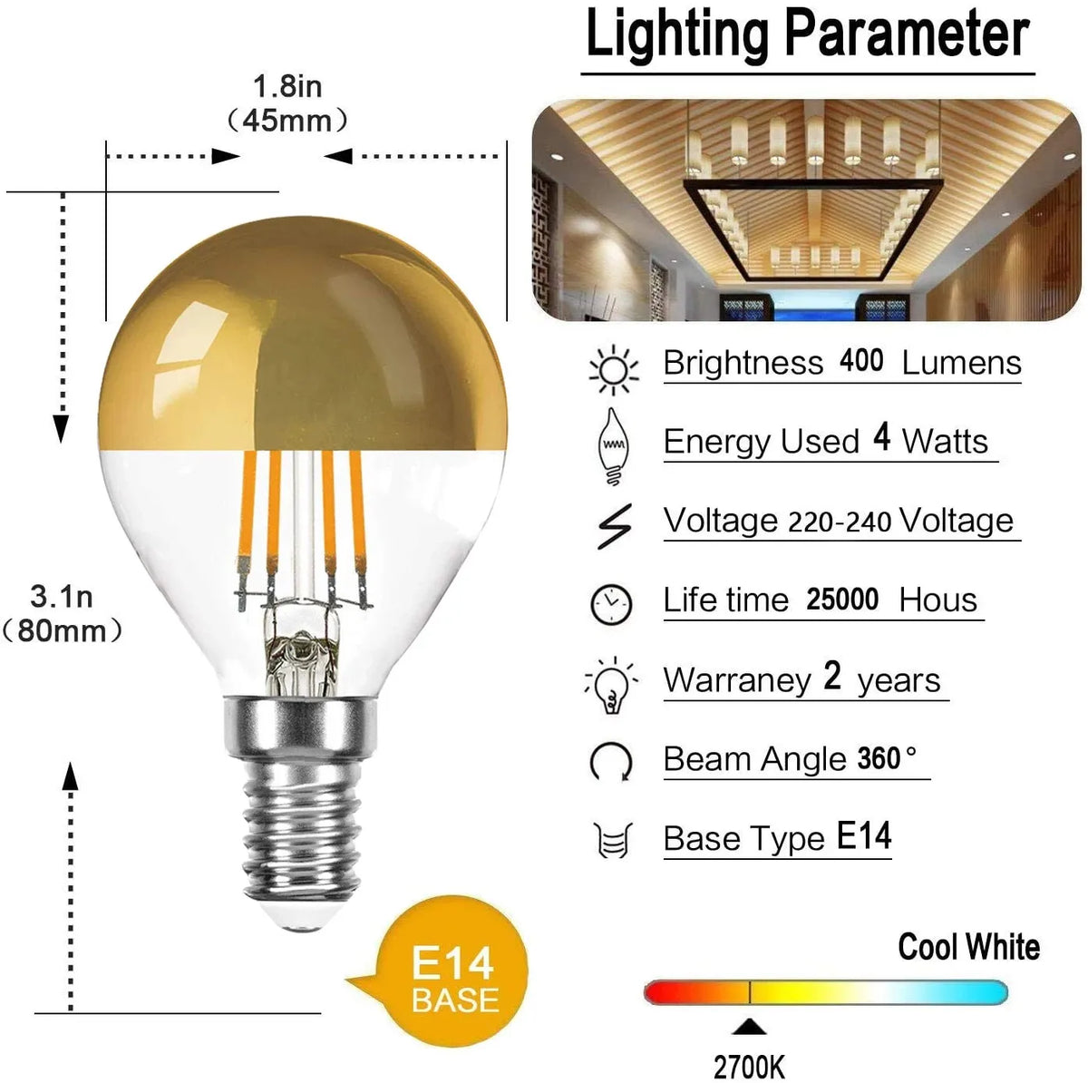ampoule led filament dorée e14 220v variateur intensité globe bulles finition moderne lumière blanche