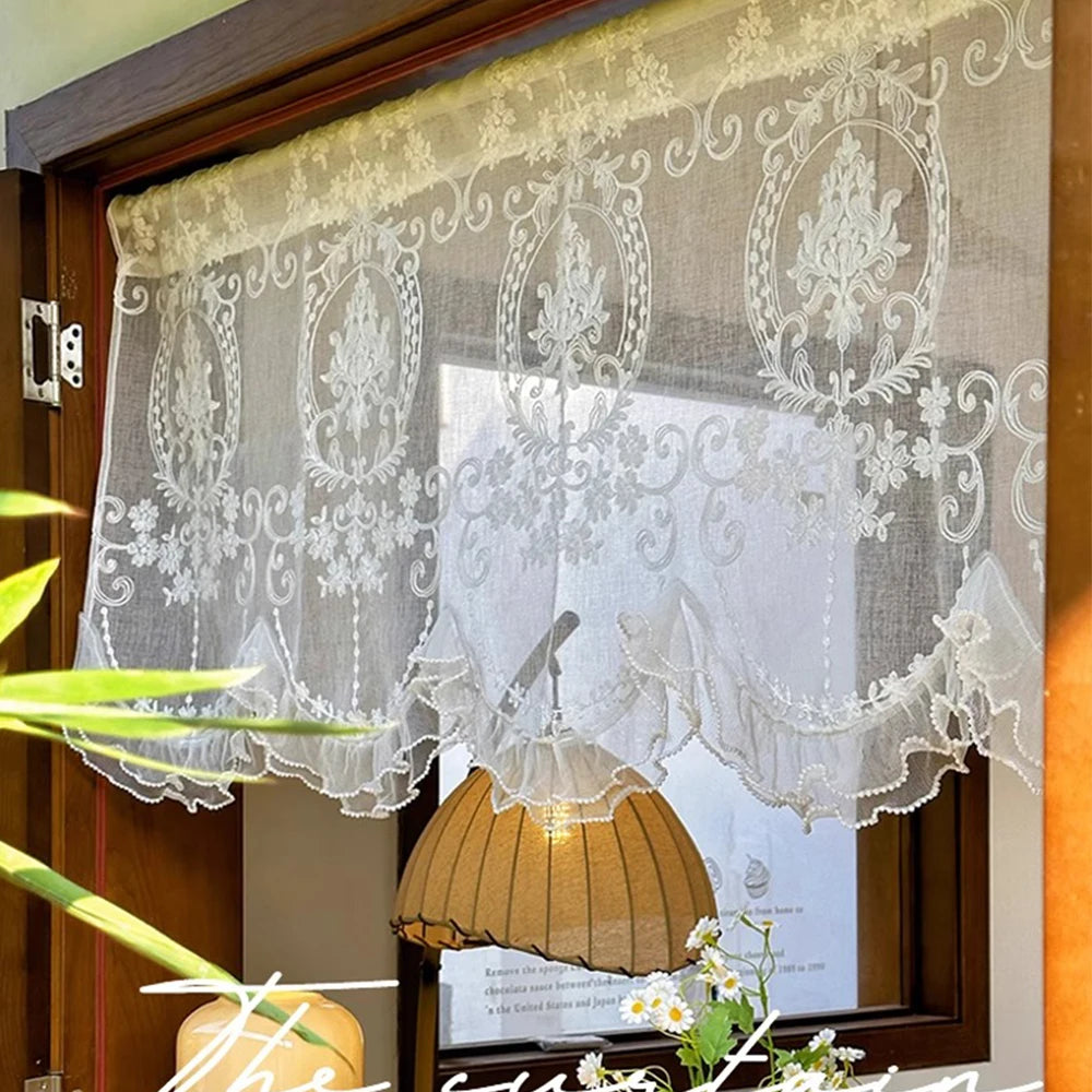 rideau blanc semi transparent brodé fleurs classique vintage clips dentelé polyester machine