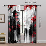 rideau moderne paysage abstrait pagode arbres cascades polyester rouge noir blanc