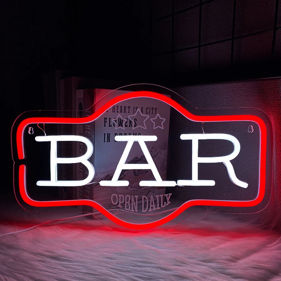 décoration murale enseigne lumineuse bar open daily étoiles rouge blanche néonOpaque crochets