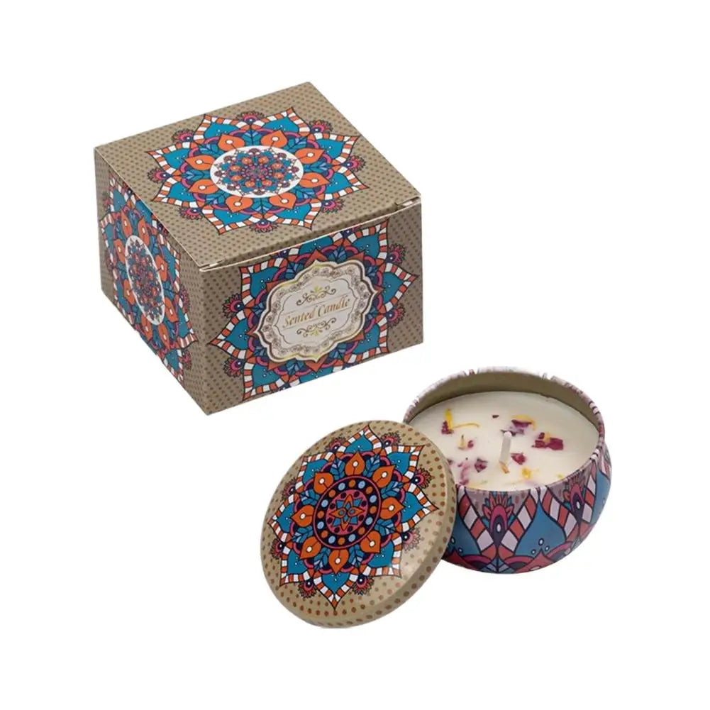 bougies parfumées boho chic bleu violet rouge blanc motifs floraux mandalas géométriques