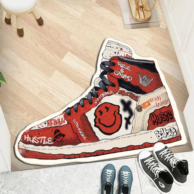 tapis moderne graphique motif baskets hustle struggle rouge blanc noir salon chambre décoration extérieur