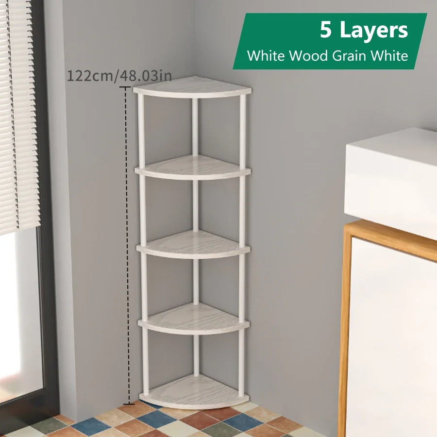étagère d'angle murale bois moderne brun foncé rangement livres décorations plantes chambre salon minimaliste