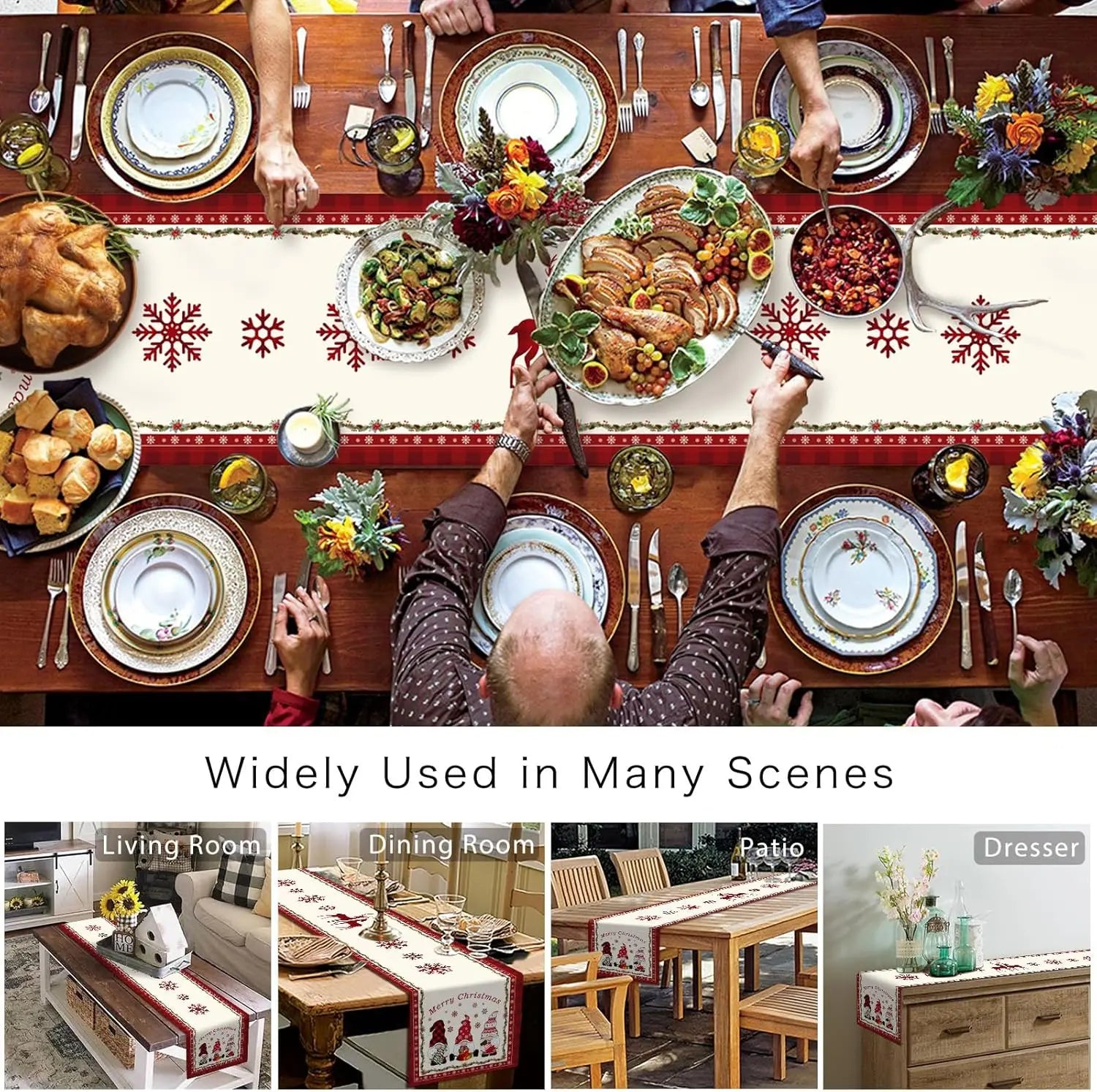 Une table richement décorée pour un repas festif, avec une variété de plats, de fleurs et de décorations de Noël.