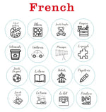 étiquettes bois naturel imprimées minimaliste adhésifs français anglais espagnol allemand