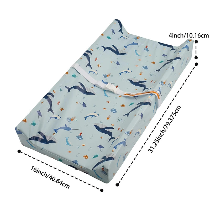tapis changement bébé beige bleu clair imprimé dinosaures poissons ceinture sécurité moderne pratique