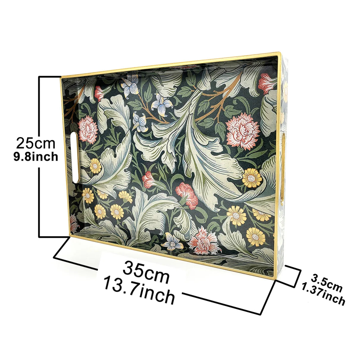 plateau rangement vintage plastique bleu marine motif floral poignées métalliques décoration intérieure classique