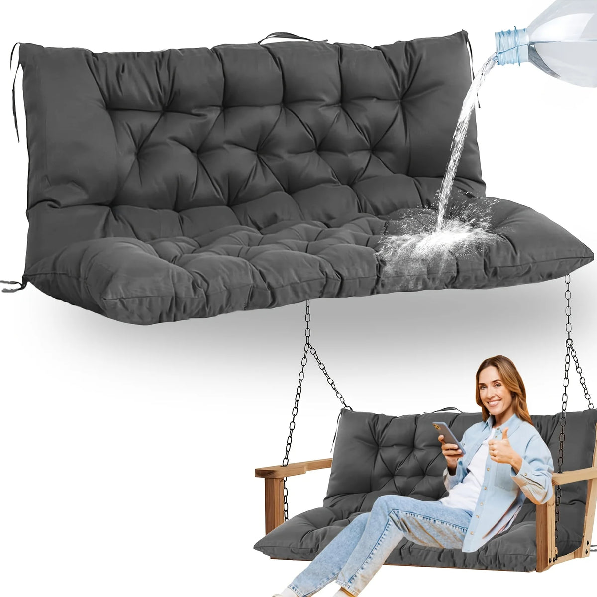coussin balançoire imperméable bleu marine tufté moderne chaînes métalliques 120cm 100cm hand wash only