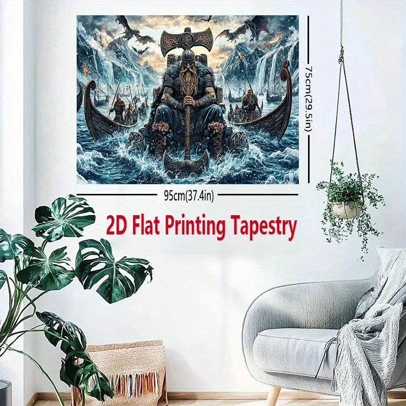 tapisserie viking bleu noir trône hache bateau dragon salon artique fantastique