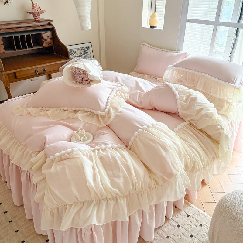 ensemble literie coton housse couette dentelle romantique vintage quatre pièces rose