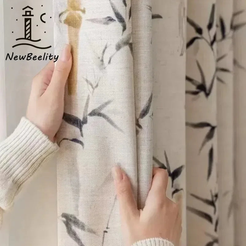 rideau moderne beige motif bambou noir salon chambre maison tissu opaque rustique