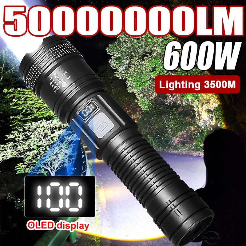 lampe torche led rechargeable usb zoom intense résistance chocs banque alimentation affichage oled noir