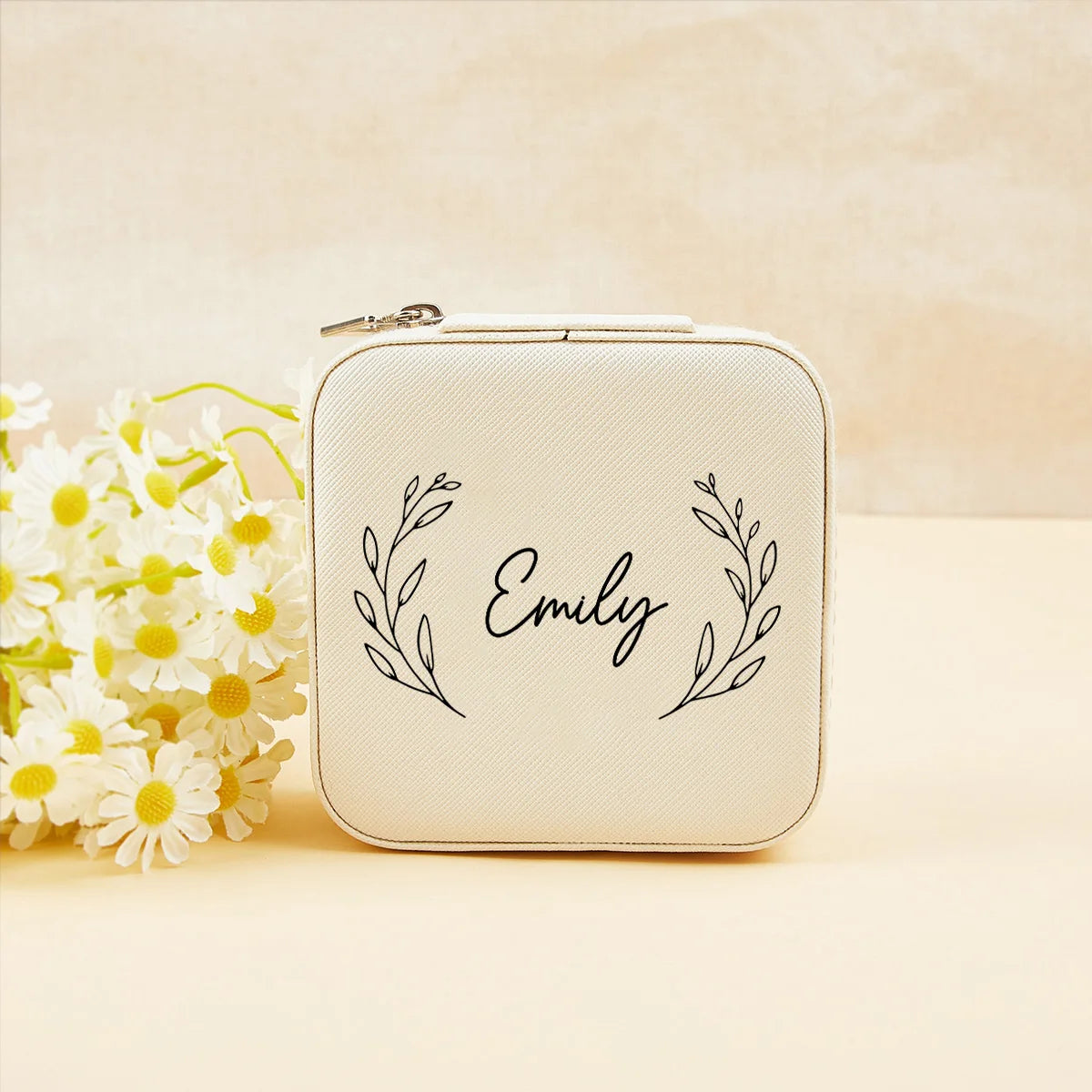 boîte bijoux personnalisation fleurs blanc rose vert moderne élégant zip 10x10cm