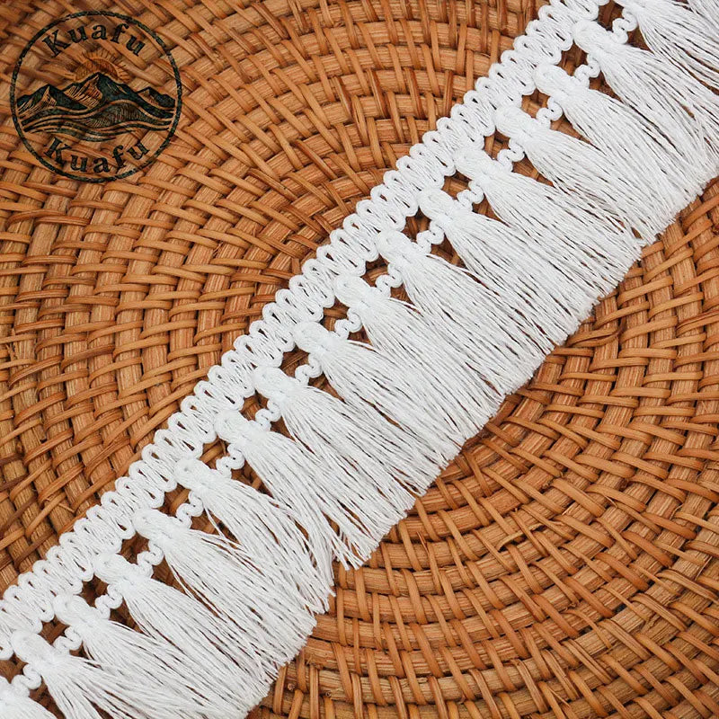 ruban macramé franges longues coton boho blanc noir décor intérieur artisanal DIY craft