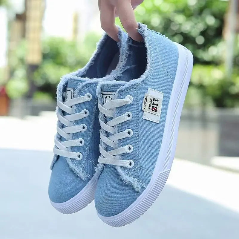 chaussures plates femmes toile bleu clair franges décontractées lacets blanc noir casual