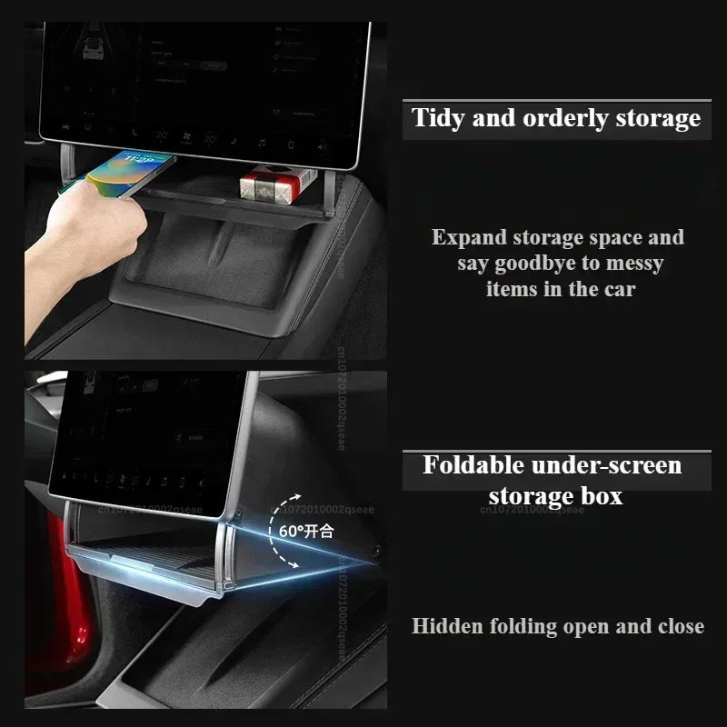 rangement caché plateau organiser feutre texturé gris noir sous écran central tesla model model