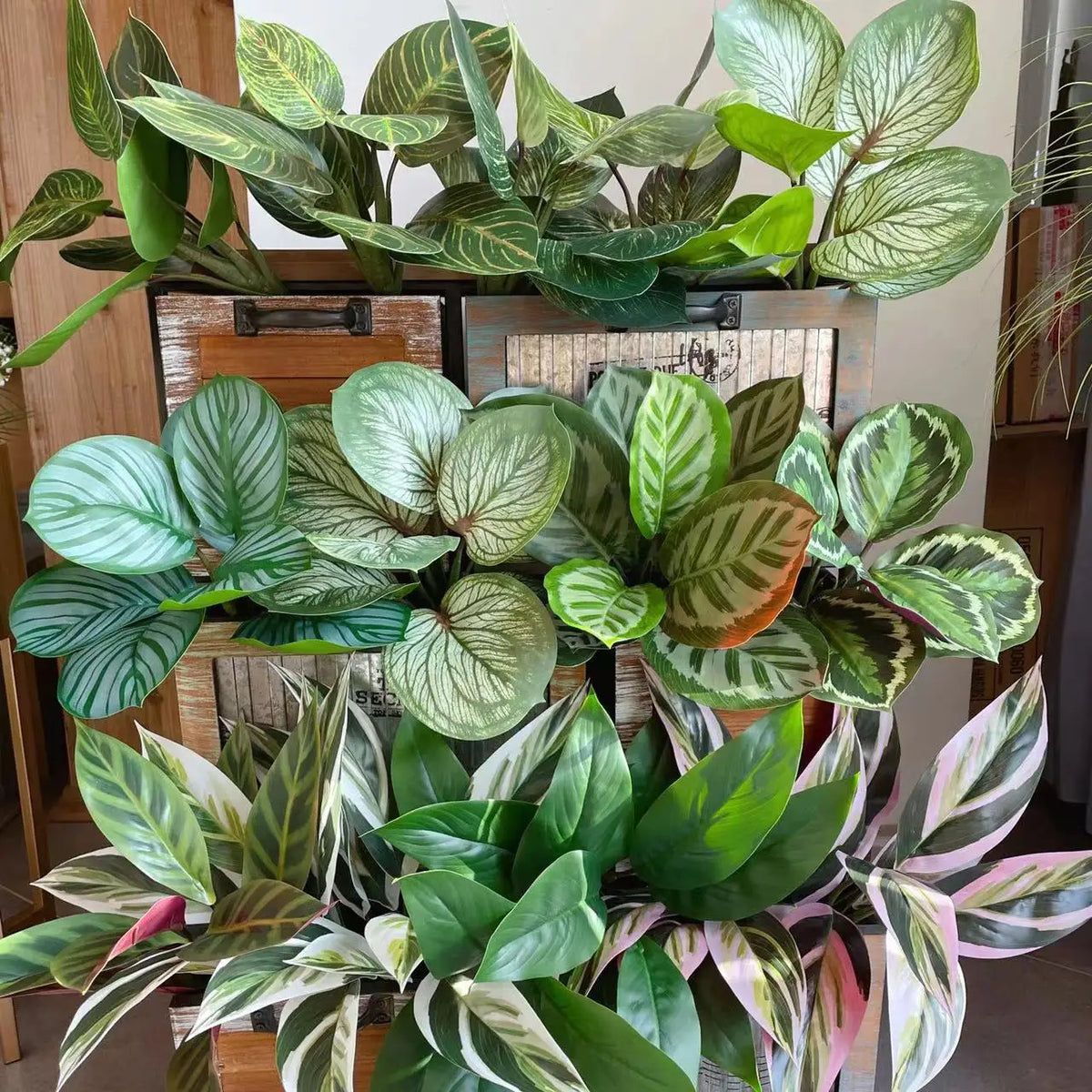 décoration intérieure plante verte artificielle feuilles soie moderne rayées 40cm 32cm blanc rose