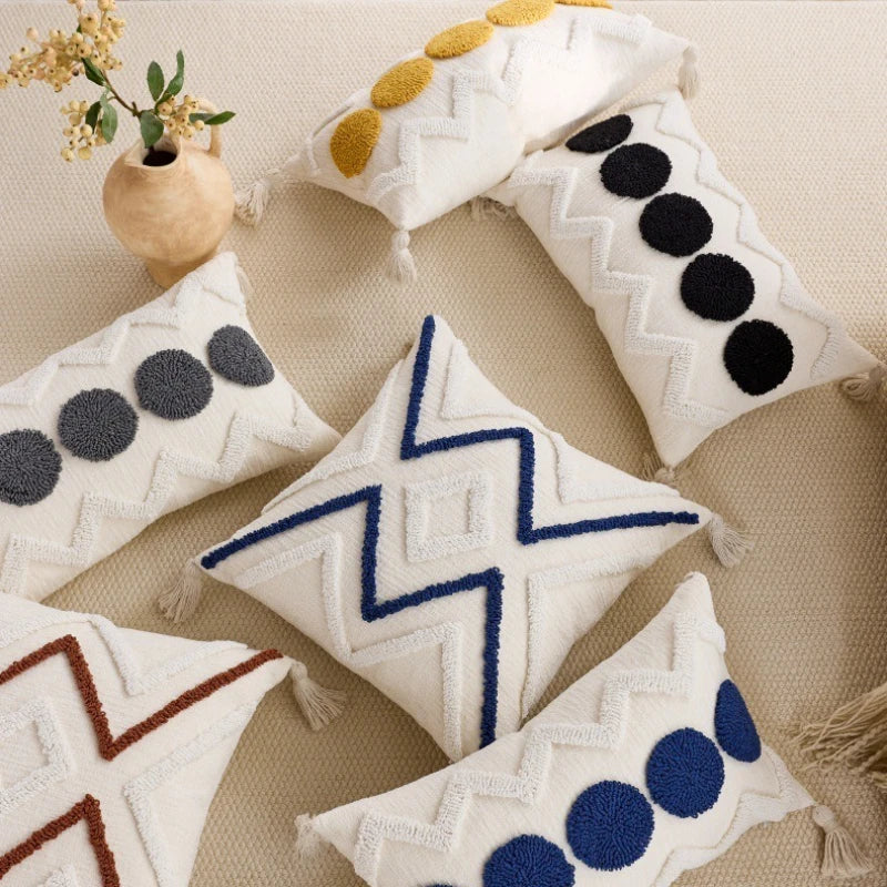 housses coussins chenille géométriques boho chic beige franges adhésives décoration salon voiture 45x45cm 30x50cm