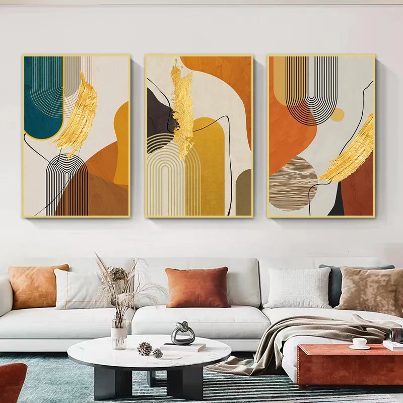 peinture abstraite contemporaine toile géométrique lignes ondulées coups pinceau dorés orange beige noir gris