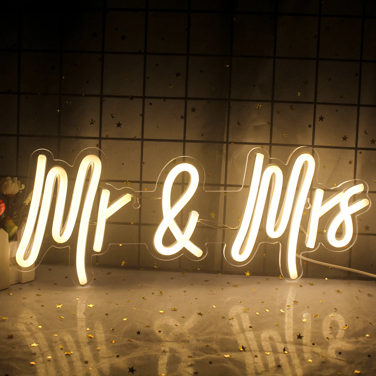 néon lumineux Just Married moderne transparent câble USB multicolore blanc roseDecorationMurialePartie