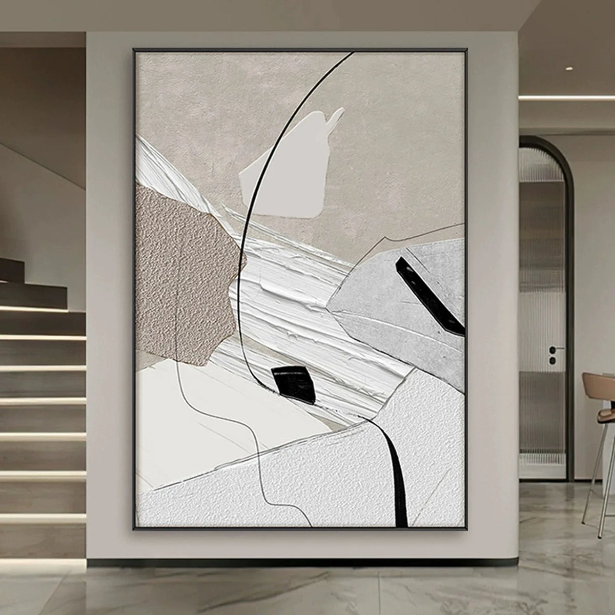 tableau abstrait moderne toile lin géométrique beige noir blanc vertical sans cadre handpainté