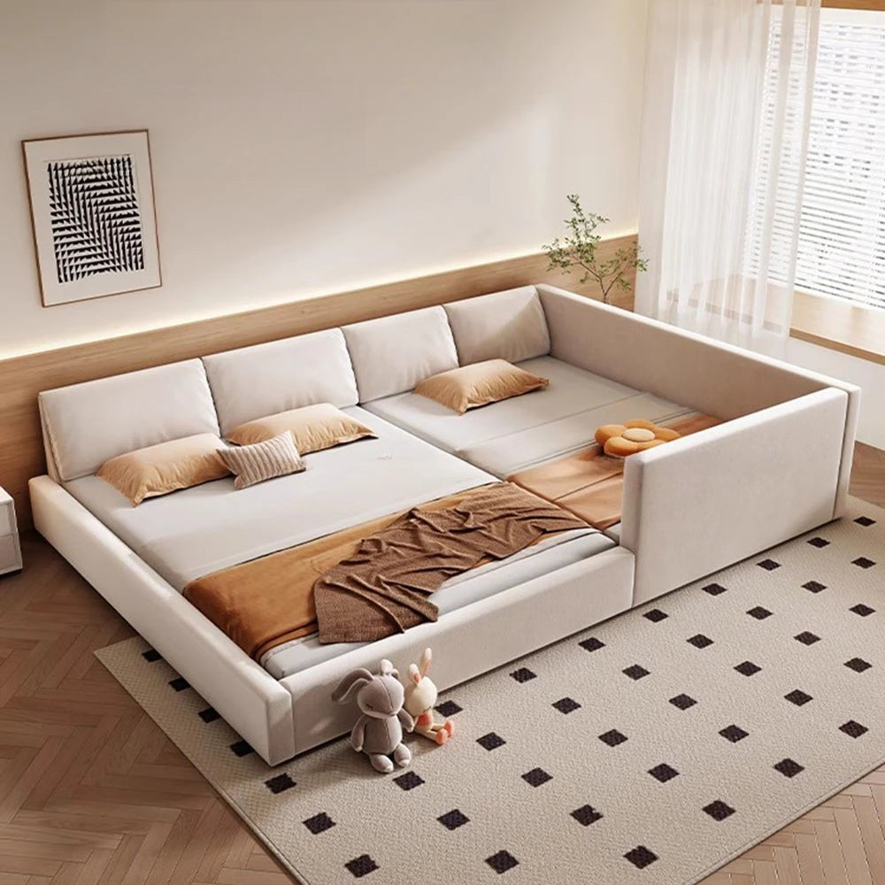 lit plateforme modulaire blanc crème moderne coussins tapis géométrique 180x200cm chambre scandinave