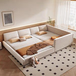 lit plateforme modulaire blanc crème moderne coussins tapis géométrique 180x200cm chambre scandinave