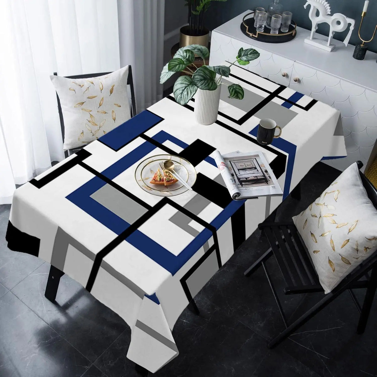 nappe table moderne géométrique bleu noir blanc rectangle réutilisable polyester at dining