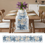 changement drap table lin bleu marine motifs coquillages été plage