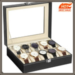 boîte montres cuir noir simili 12 emplacements tissu beige classique cordon serrage présentoir bijoux