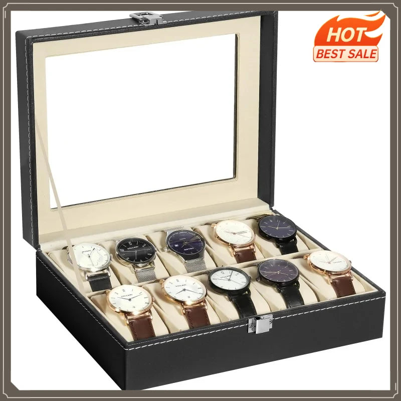 boîte montres cuir noir simili 12 emplacements tissu beige classique cordon serrage présentoir bijoux